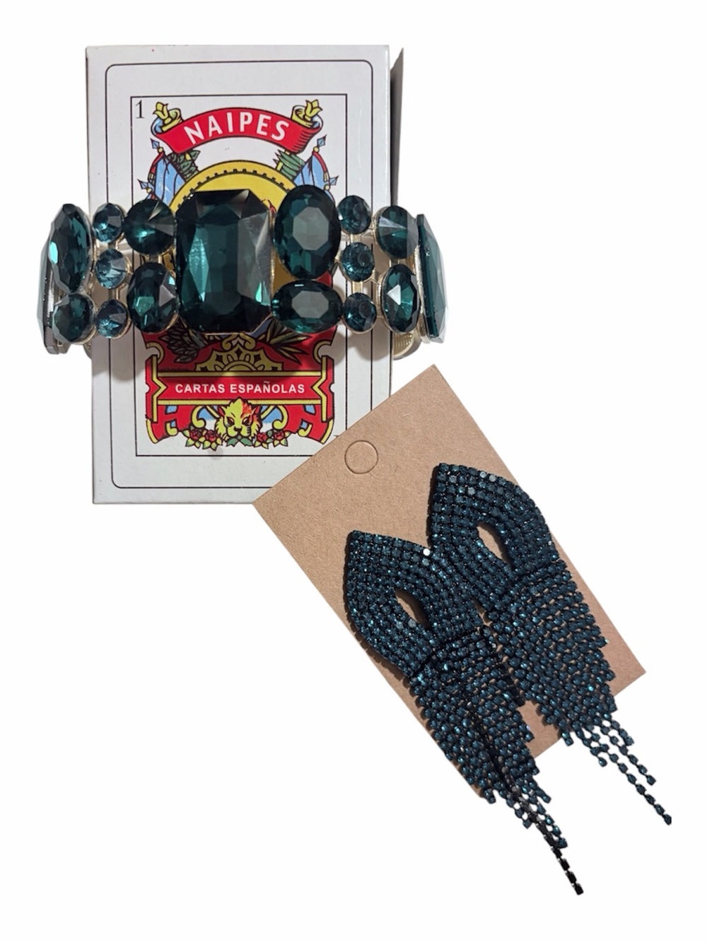 Teal Crystal Statement Bracelet and Fringe Earrings Set Ariol Jewelry